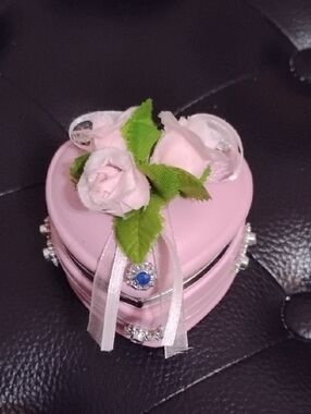 Pink Heart Jewelry Ceramic Box Ring Holder with Floral Accent